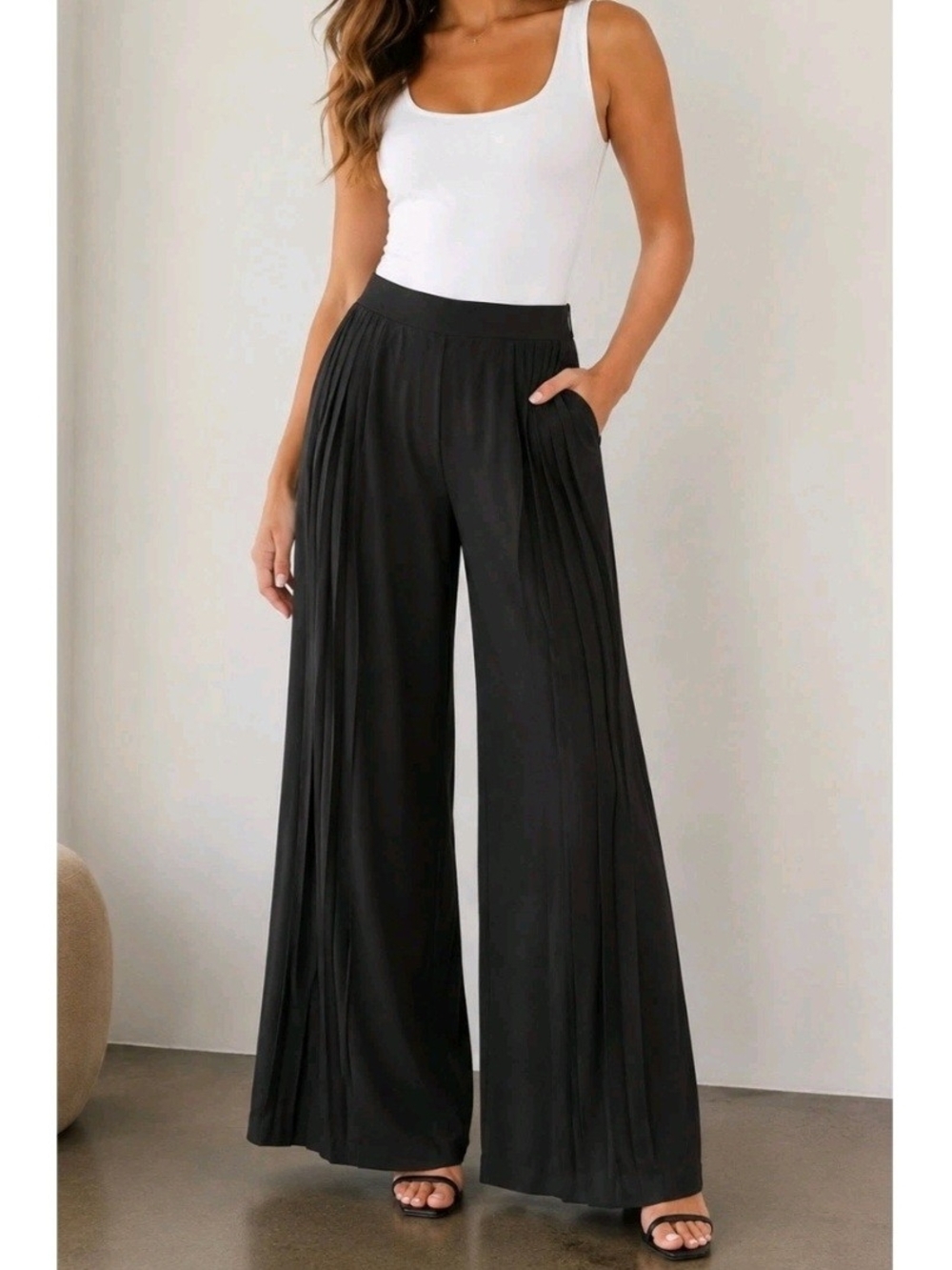 WHBM Womens Black High Rise Pleated Wide Leg Knit Pull On Pants Office Med Long